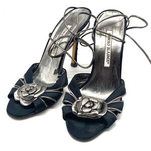 Manolo Blahnik Black and Silver Flower Heels with Lace Up Cross Ankle Straps 6.5